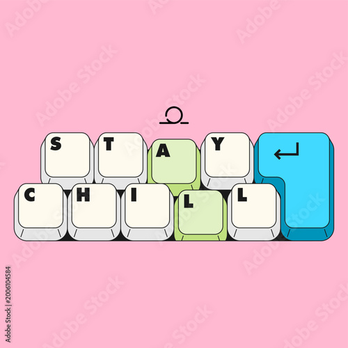 Keyboard Keys Forming “STAY CHILL”. Creative keyboard key arrangement forming message, representing relaxation, calm mindset, and stress-free lifestyle in modern digital culture