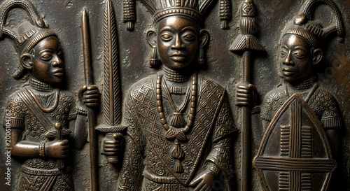 Ancient Benin Bronze Plaque Depicting Oba and Attendants.