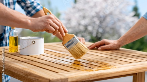 Hands oiling wooden garden table for outdoor furniture maintenance