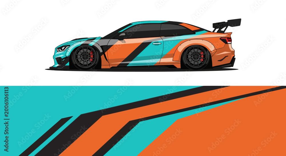 Obraz premium Vibrant teal and orange race car with bold geometric racing stripes.