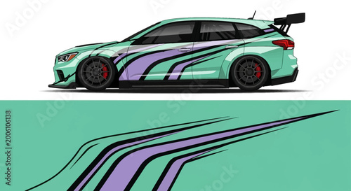 Schilderij op canvas Sleek turquoise race car with purple stripes shown in profile highlighting its aerodynamic design and rear wing