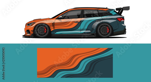 Bild auf Leinwand Vibrant teal and orange race car illustration with flowing waves and sleek design
