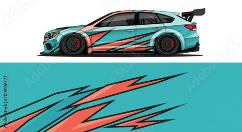 Quadro su tela Sleek blue racecar with bold teal graphics and a rear spoiler in a dynamic side profile