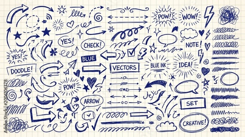 Creative doodle pack blue ink arrows speech bubbles stars accents.