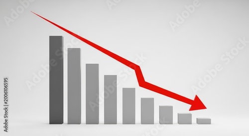 A minimalist bar chart showing financial decline with a red arrow pointing downwards against a clean and neutral professional background, data visualization, reduction, corporate Free Download A minimalist bar chart showing financial decline with a red arrow pointing downwards against a clean and neutral professional background, data visualization, reduction, corporate - GFXLoad
