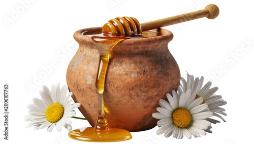 Εκτύπωση καμβά Clay pot overflowing with golden honey honey dipper and daisies, isolated on tra
