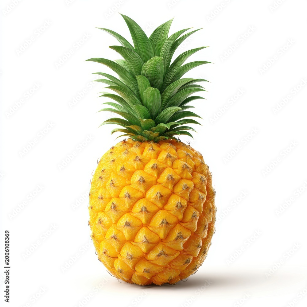 Fototapeta premium Whole Ripe Yellow Pineapple Fruit With Green Crown And Textured Skin Isolated On White