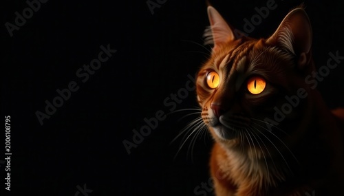 Intense orange cat eyes shine against black backdrop , digital, close up, reflective