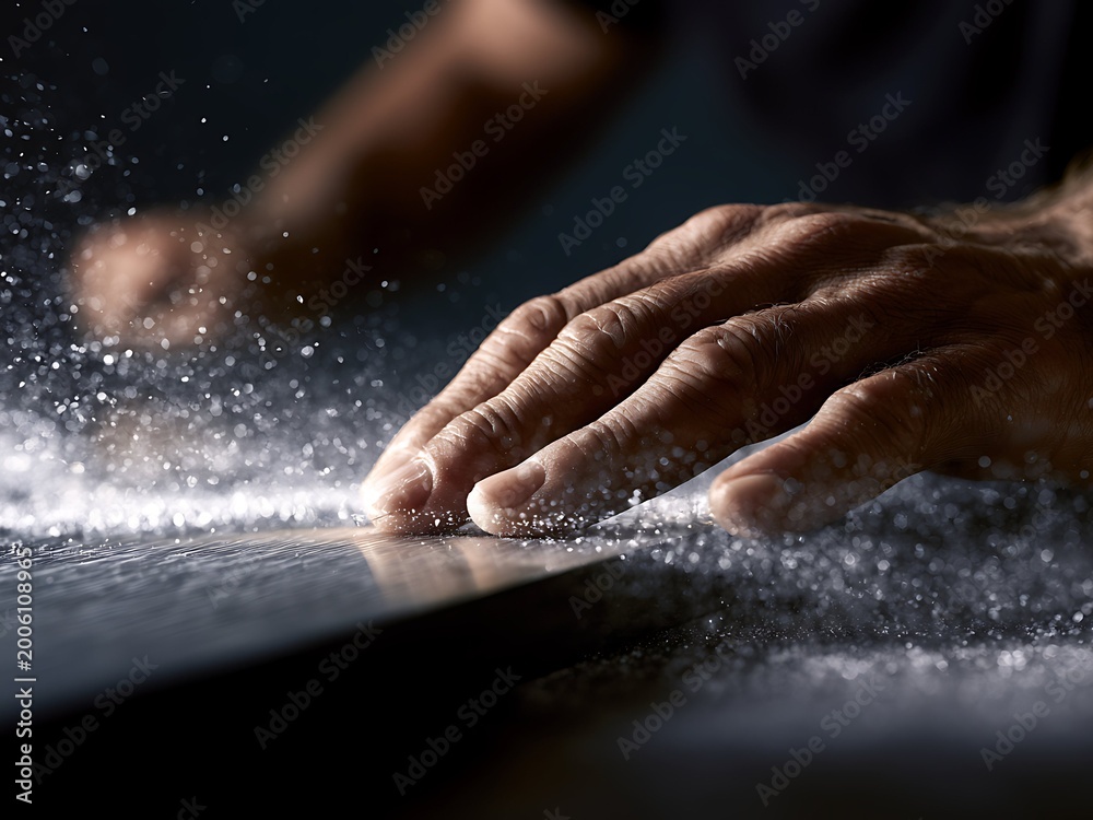 Fototapeta premium Close-up of craftsman hand sweeping away aluminum metal shavings or dust from workbench surface, industrial manufacturing process