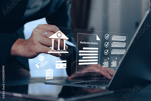 Business professional managing online proforma invoices and digital banking through a laptop interface, representing modern fintech and electronic payment systems.