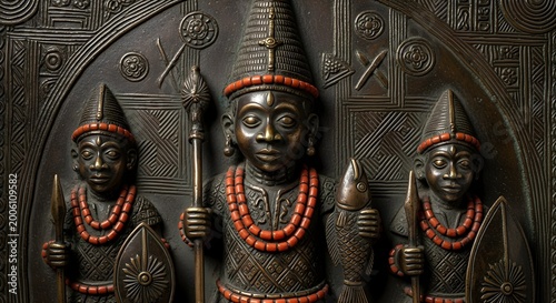 Ancient Benin Bronze Plaque Depicting Royal Figures and Attendants.