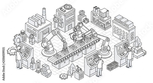 Industrial Factory Production Line with Robotic Arms and Workers.