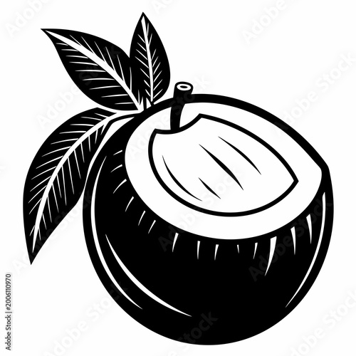 Black and white cut open coconut with green leaves