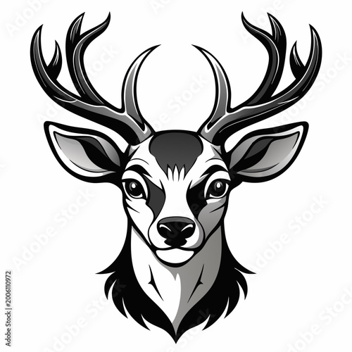 Black and white deer head with large antlers facing forward