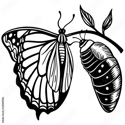 Black and white butterfly emerging from chrysalis