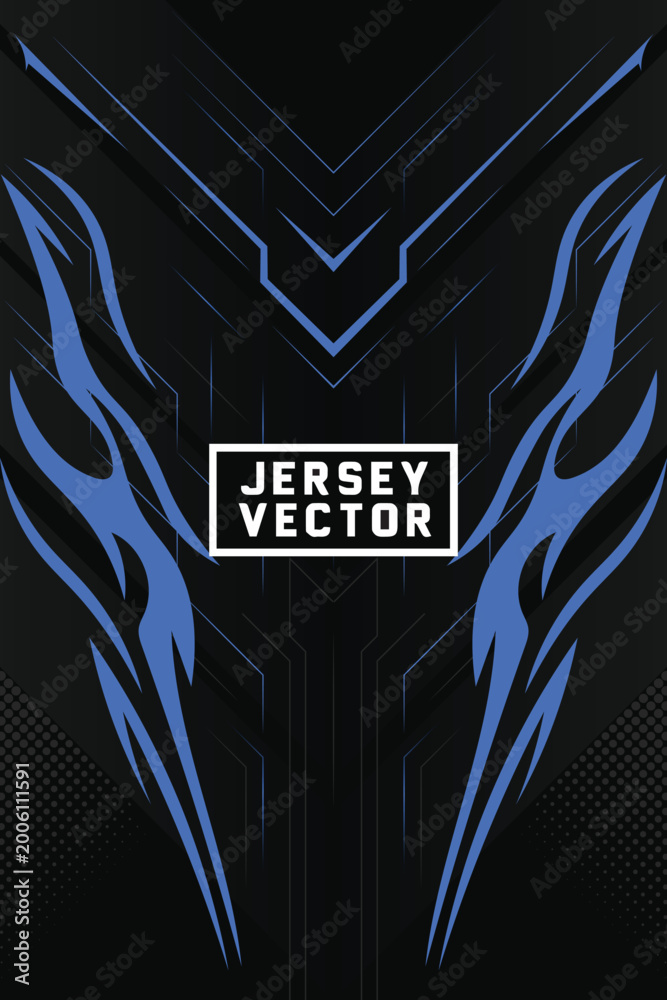 Fototapeta premium E sports Jersey Design with Blue Tribal Accents on Black Background for Football, Volleyball, Soccer, Basketball Jersey Sublimation Print Template.