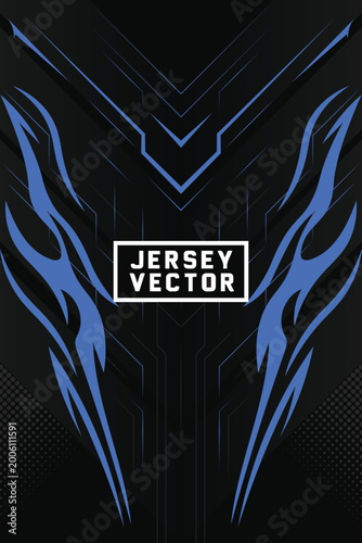 E sports Jersey Design with Blue Tribal Accents on Black Background for Football, Volleyball, Soccer, Basketball Jersey Sublimation Print Template.