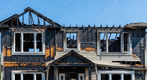 Charred remnants of a suburban house facade showing severe fire damage, broken windows, and soot stains under a bright blue sunny sky, emergency, damage, real estate