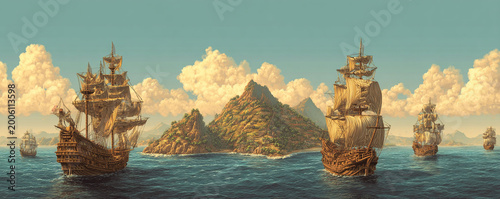 Classic pirate voyage route seamless, caravels sailing between island icons 32k ultra HD