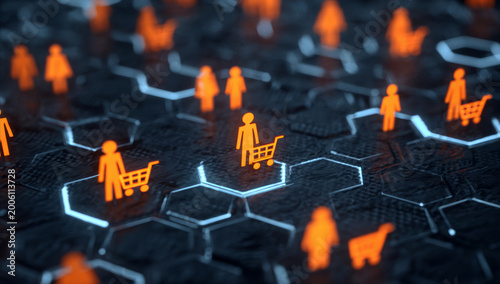 Online shopping concept with orange icons of people and shopping carts