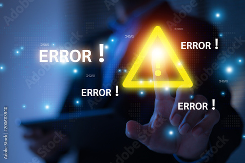 Human hand touchscreen warning caution 404 page not found error system or problem computer network firewall protection for cyber threat attack security risk alert hacker or cybercrime safety prevent.