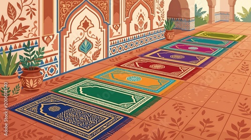 Rows of prayer mats for the Eid al-Adha congregational prayer