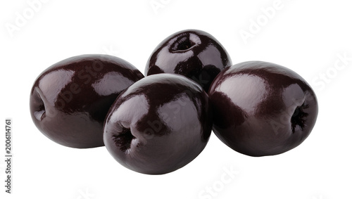 Tableau sur toile Group of four dark glossy Kalamata olives, isolated on transparent background