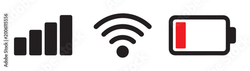 Mobile status bar set with signal strength indicator wifi network and battery power icon in black and red style.