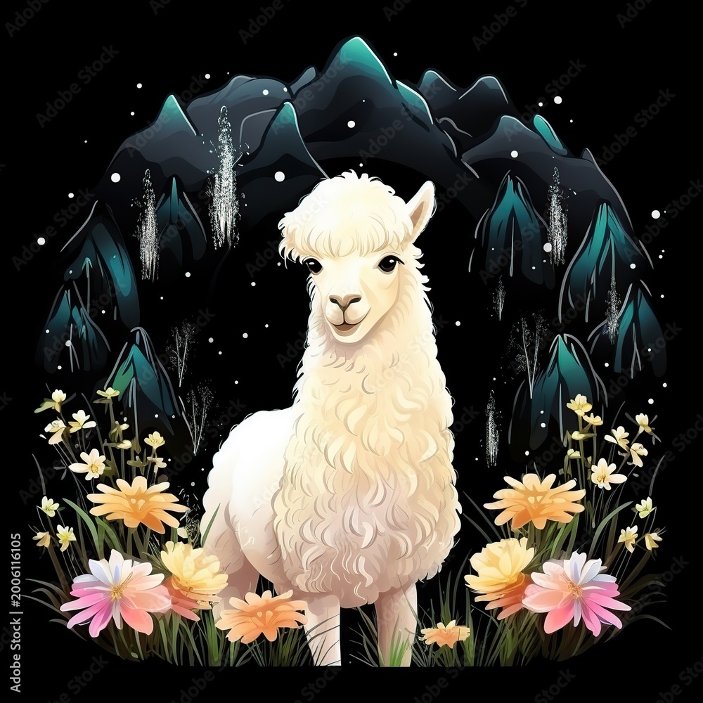 Fototapeta premium Whimsical White Alpaca Standing Among Blossoms With a Dark Mountain Nightscape