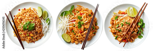 Stir-fried shrimp Pad Thai with crushed peanuts and rice noodles, isolated on white background, concept of Thai cuisine