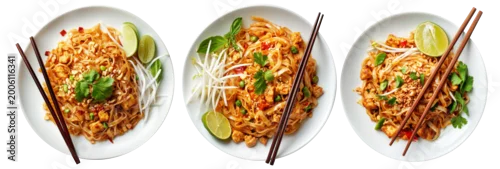 Panel kuchenny z motywem Stir-fried shrimp Pad Thai with crushed peanuts and rice noodles, isolated on white background, concept of Thai cuisine