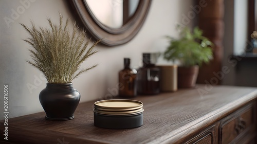A serene still life arrangement featuring natural dried grasses and stacked beauty products on a dark wooden cabinet