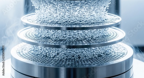 Internal view of a separation column with descending liquid layers on metal trays and ascending vapor creating bubbles in a reactor, cutaway, liquid, industrial