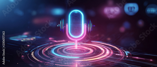 Neon microphone glowing with sound waves, digital art of voice technology