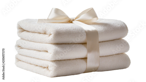 Tableau sur toile Stack of three soft white bath towels tied with a cream satin ribbon, isolated o