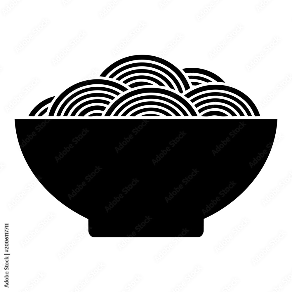 Fototapeta premium Simple black silhouette of a bowl filled with spaghetti noodles, isolated on a white background.