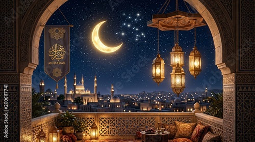Eid Mubarak Night with Crescent Moon Lanterns and Mosque View from Ornate Balcony