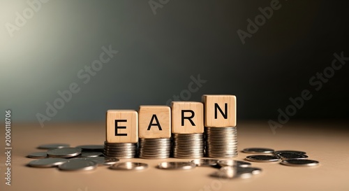 Earning potential wooden blocks spell 'earn' on stacked coins representing financial growth