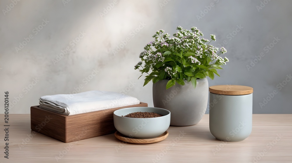 Fototapeta premium Minimalist spa display featuring fresh potted greenery natural bath salts and folded white towels on a wooden counter