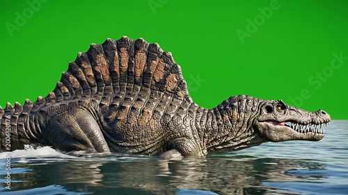 Realistic Spinosaurus Emerging from Water Against a Green Background in an Aquatic Setting