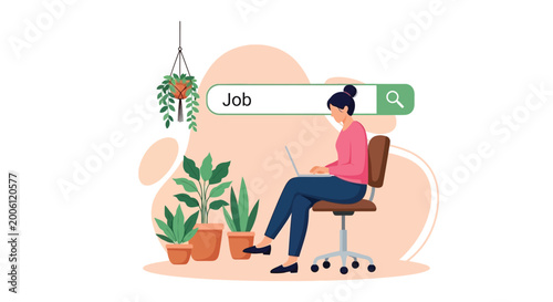 A young woman sitting on a chair using her laptop to search for a new job