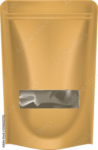 Single blank golden flexible plastic pouch with centered spout, isolated on white background