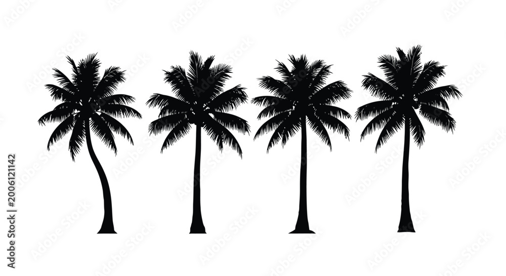 Obraz premium Four detailed black palm tree silhouettes presented as a clean vector graphic design element collection