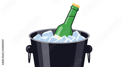 Green glass bottle chilling in a black metal bucket filled with many white ice cubes isolated on a plain white background.