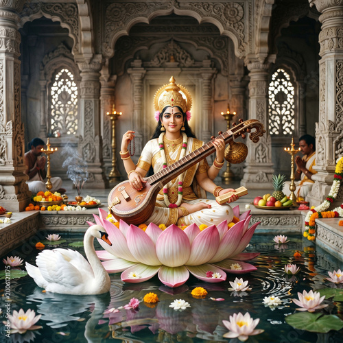 Goddess Saraswati Playing the Veena Inside an Ancient Hindu Temple
