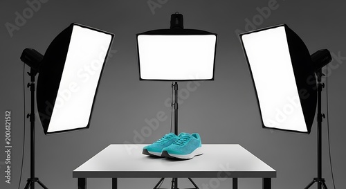 Turquoise sneakers on a white table illuminated by professional studio lighting setup for product photography e-commerce and advertising