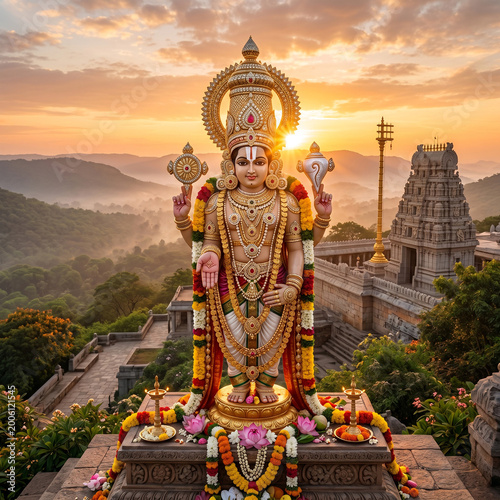 Traditional Idol of Lord Vishnu Decorated with Garlands in Golden Temple Setting