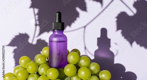 Purple dropper bottle with cosmetic serum resting on fresh green grapes with vine leaf shadows concept for natural skincare and beauty products