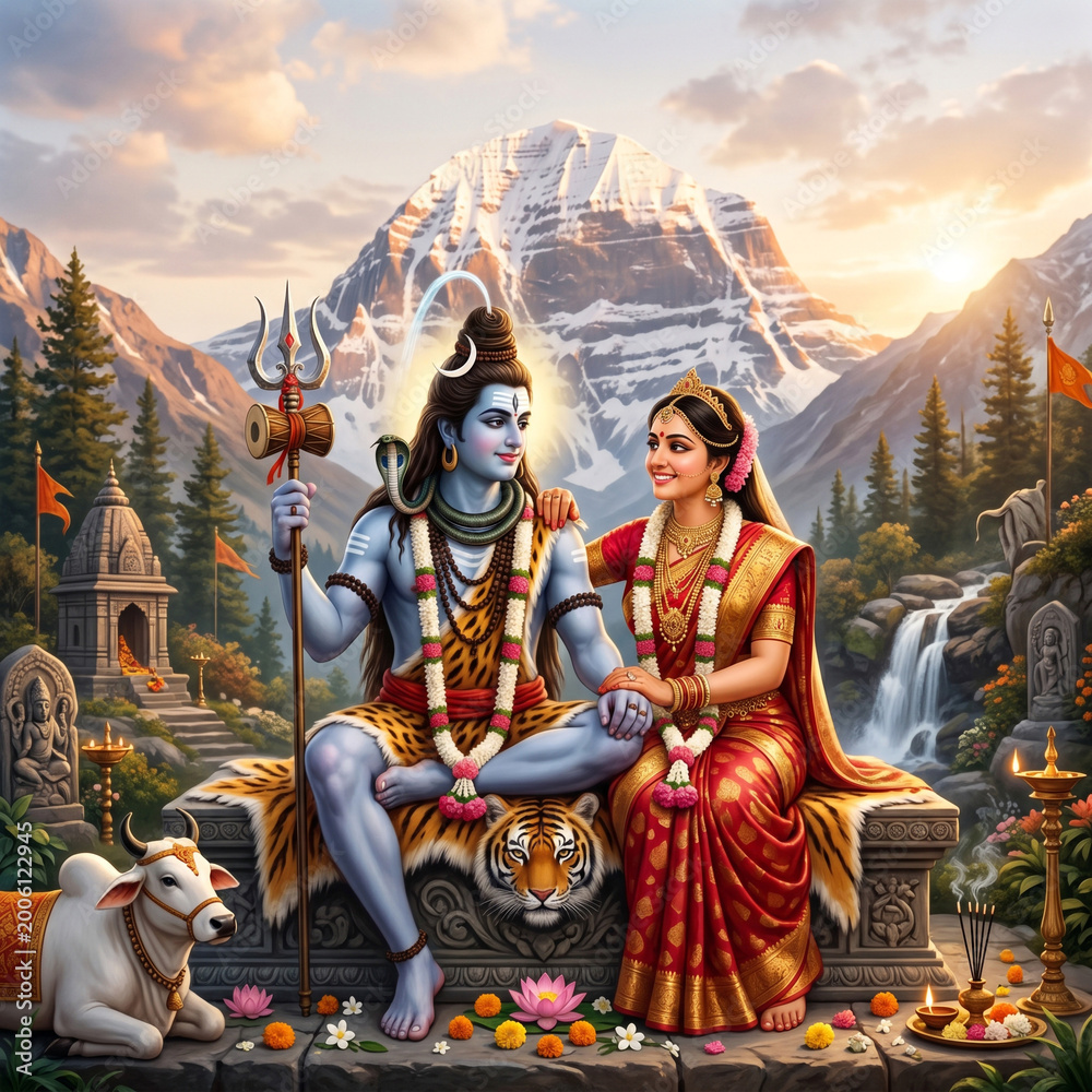 Fototapeta premium Lord Shiva and Goddess Parvati Seated at Mount Kailash with Nandi Bull 