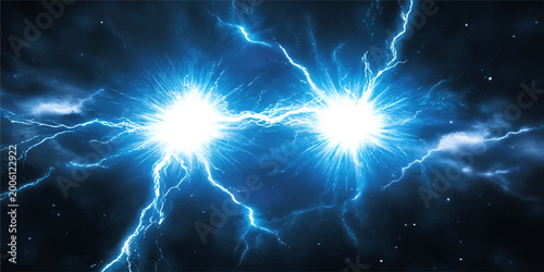 Foto An abstract blue lightning flash bursts across the black night sky in a glowing